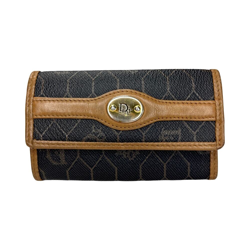 Christian Dior Vintage Honeycomb Key Case Brown Trim Gold Plaque Made in Spain